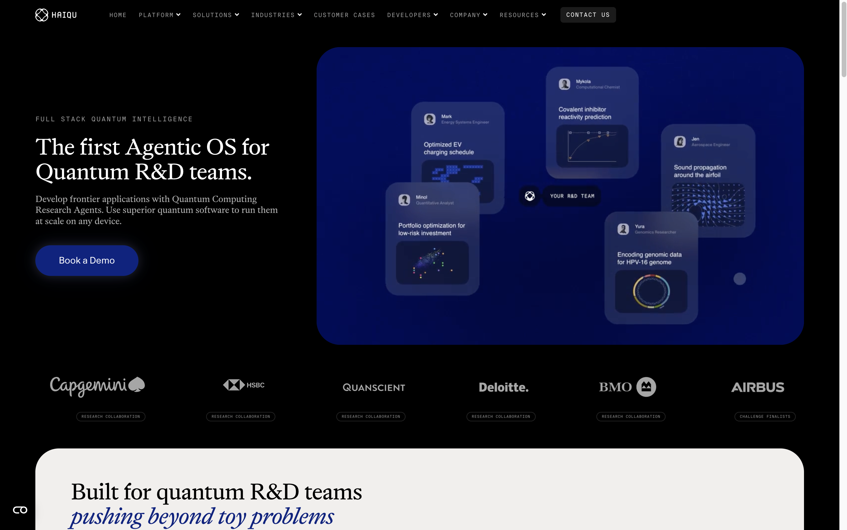 Haiqu homepage showing the agentic quantum operating system for circuit compression and noise mitigation